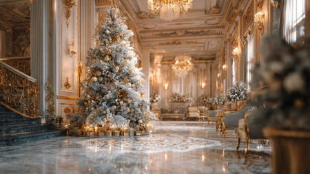 Luxury apartments decorated for Christmas and New Year. Classic apartments with Christmas tree and decorations. Luxury living room with classic furniture.の写真素材
