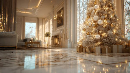 Christmas tree with gifts in the interior of the living room. Christmas and New Year concept.の写真素材