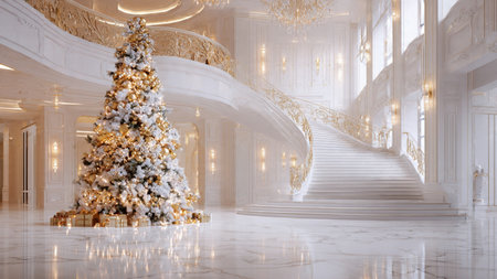 Christmas and New Year luxury interior of classic white living room with decorated christmas tree. Luxury living room. 3d render.の写真素材