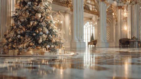Christmas tree with gold balls on the background of the interior of the palace.の写真素材