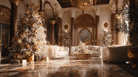 Christmas interior with Christmas tree and gifts. 3D rendering. Luxury apartments.の写真素材