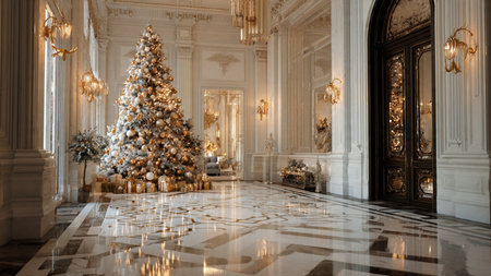 Luxury royal palace interior with Christmas tree. New Year conceptの写真素材