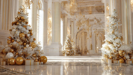 Beautiful interior of the living room with a Christmas tree decorated with gold balls.の写真素材