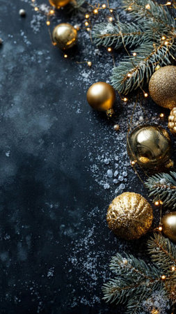 Christmas and New Year greeting card. Festive decoration on black background. Copy space.  Flat lay. Top view.の写真素材