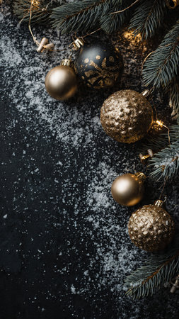 Christmas background with fir branches and golden baubles on black boardの写真素材