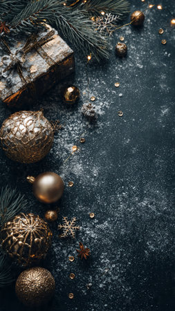 Christmas greeting card. Festive decoration on dark background. New Year concept. Copy space.  Flat lay. Top view.の写真素材