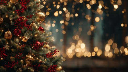 Festive close-up Christmas background with warm bokeh lighting.の写真素材