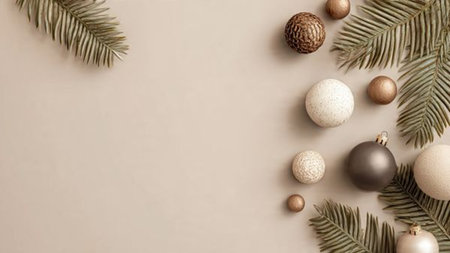 Warm and inviting Christmas flat lay with festive table decorations.の写真素材