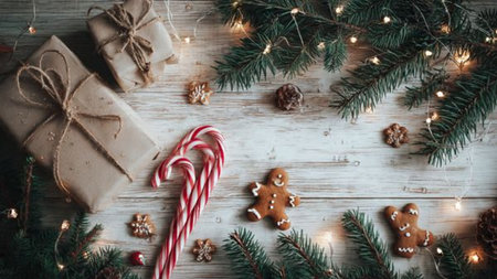 Festive flat lay background featuring wrapped presents, holiday treats, pine leaves, and cozy lighting.の写真素材