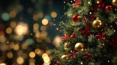 Realistic Christmas background showing tree lights glowing softly in darkness.の写真素材