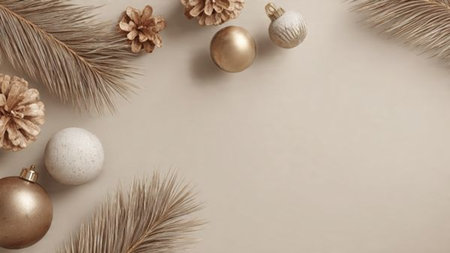 Christmas flat lay featuring wrapped gifts, ornaments, pine branches, and cozy warm lighting.の写真素材