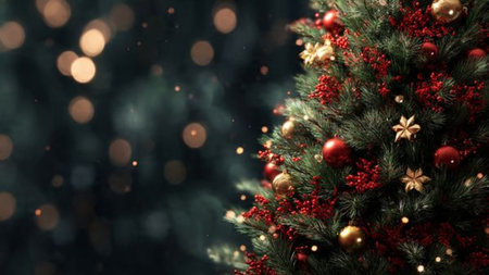 Christmas tree background with realistic sparkling lights.の写真素材