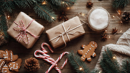 Warm rustic Christmas background with winter greenery.の写真素材