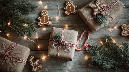 Timeless Christmas background featuring classic red and gold color combination.の写真素材