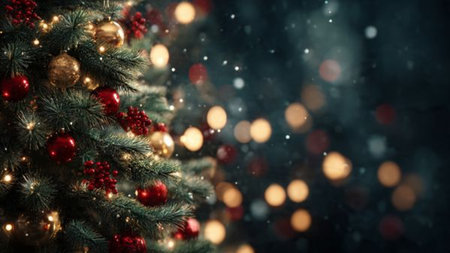 Photorealistic Christmas background with lush green tree, red and gold ornaments, warm bokeh lights, and cozy ambiance.の写真素材