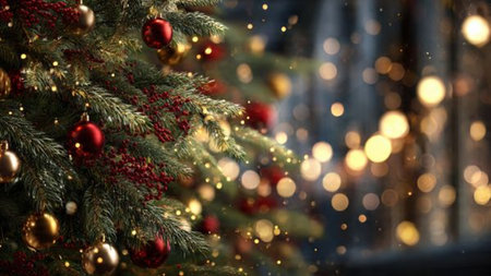 Detailed Christmas tree background with ornaments and blurred bokeh lights.の写真素材