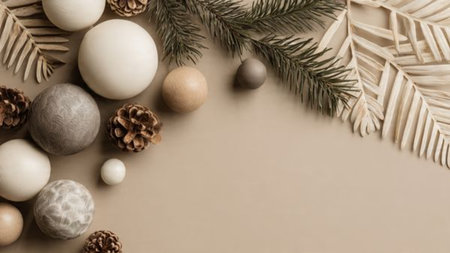 A warm rustic Christmas background inspired by natural elements, soft shadows, and a cozy festive feeling.の写真素材