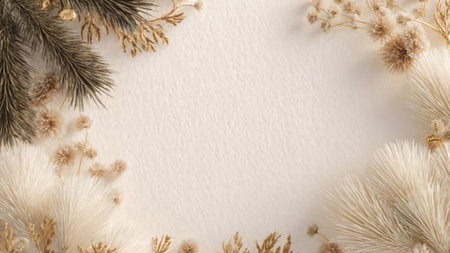 Modern neutral Christmas background with clean lines and natural materials.の写真素材