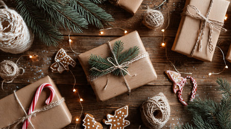 Dark cozy Christmas tree background with warm light bokeh.の写真素材