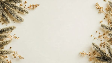 Christmas background with fir branches on a white background. Flat lay, top view.の写真素材