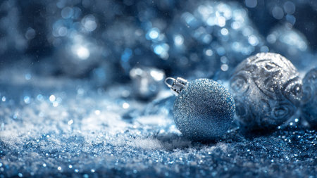 Holiday flat lay background featuring ornaments and pine branches.の写真素材