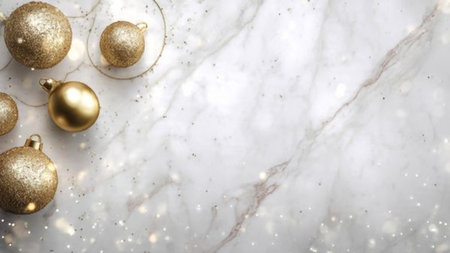 Elegant marble Christmas background accented with gold ornaments.の写真素材