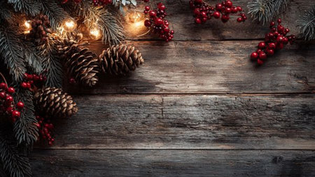 Warm rustic winter Christmas background with natural decor.の写真素材