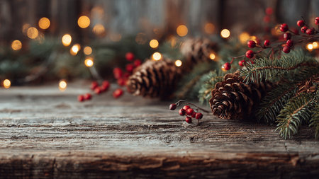 Christmas background inspired by nature, featuring fir branches and organic textures.の写真素材