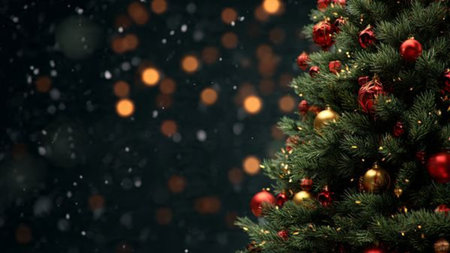 Warm red Christmas background enhanced with fairy lights and soft bokeh for a luxurious seasonal mood.の写真素材