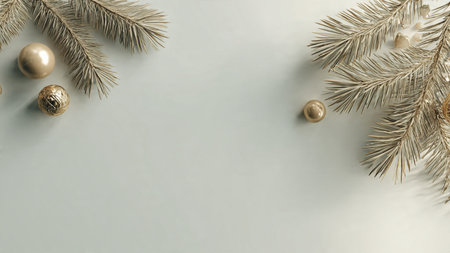 Christmas and New Year composition. Fir branches, golden balls on gray background. Flat lay, top view, copy spaceの写真素材