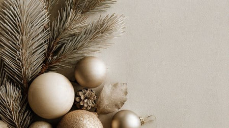 Christmas background with fir branches, golden baubles and cones on beige fabricの写真素材