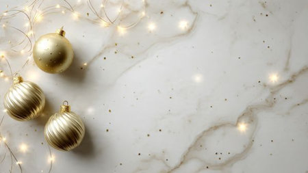 Festive flat lay background featuring wrapped presents, holiday treats, pine leaves, and cozy lighting.の写真素材