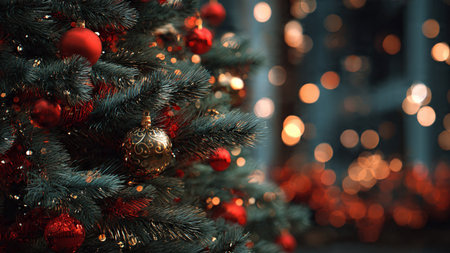 Decorated Christmas tree on blurred background with bokeh effectの写真素材