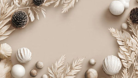 Warm rustic holiday scene with natural textures and fairy lights.の写真素材