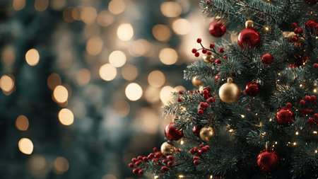 Christmas tree with red baubles and lights bokeh backgroundの写真素材