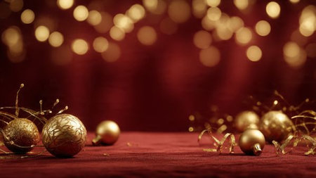 Christmas background with golden balls and bokeh lights on red tableclothの写真素材