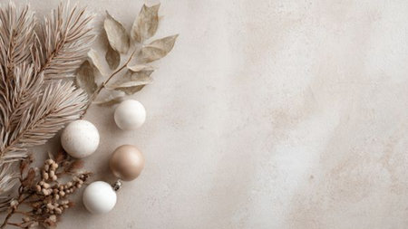 Christmas and New Year background. Decorations, fir branches, white balls on a light background. Flat lay, top view, copy spaceの写真素材