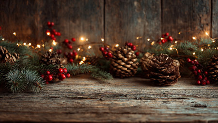 Warm rustic Christmas background inspired by cozy winter cabins.の写真素材