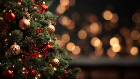 Christmas background featuring rustic wooden surface and seasonal decorations.の写真素材