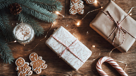Christmas greeting card. Festive decoration on wooden background. New Year concept. Copy space.  Flat lay. Top view.の写真素材
