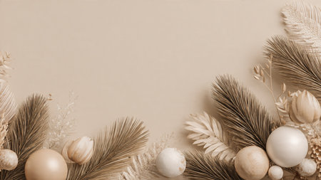 Flat lay, top view christmas composition on beige background. Pine branches, golden balls, flowers, leaves.の写真素材