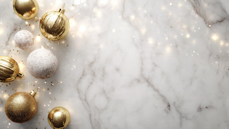 Christmas background with golden baubles on white marble, copy spaceの写真素材