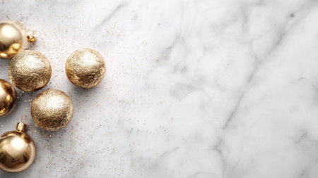 Golden Christmas baubles on white marble background. 3D Renderingの写真素材
