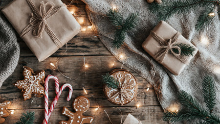 Warm rustic Christmas background inspired by cozy winter cabins.の写真素材