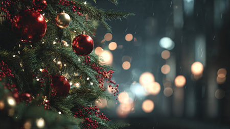 Detailed Christmas tree background with festive lighting.の写真素材