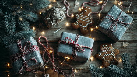 Soft beige Christmas background with subtle pine accents and clean space for elegant holiday messages.の写真素材