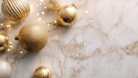 Premium holiday background combining marble surfaces and golden Christmas ornaments.の写真素材