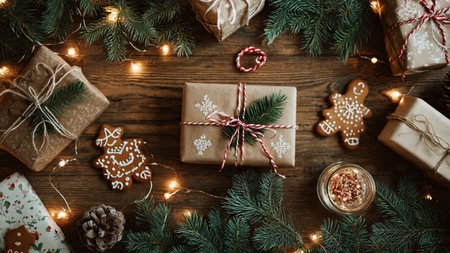 A modern abstract holiday background blending red, green, and gold tones for banners and social media designs.の写真素材