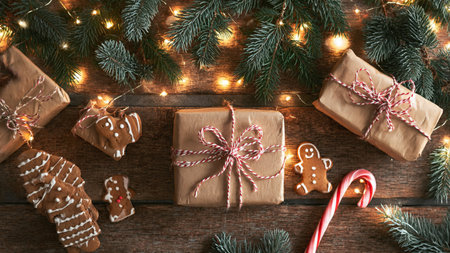 Overhead Christmas background featuring festive decorations.の写真素材