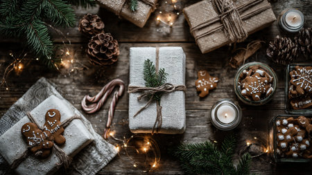 Luxurious red Christmas background with glowing lights.の写真素材